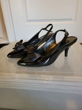 George Black Patent Slingback Heels with Grosgrain Bow